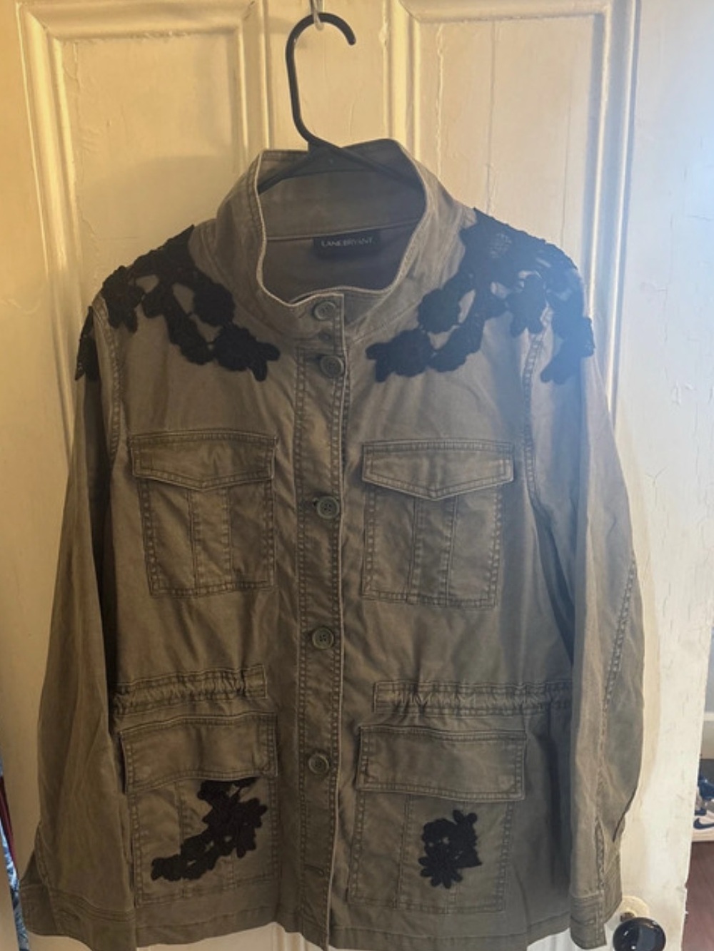 Lane Bryant Olive Utility Jacket with Black Lace Accents